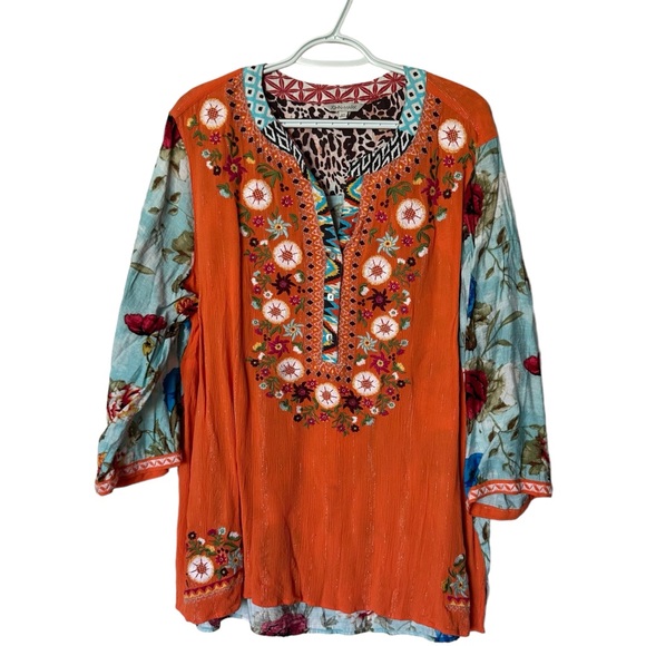 Dillards John Mark Noho Bohemian Patchwork Floral Peasant 3/4 Sleeve Top Blouse - Picture 1 of 9